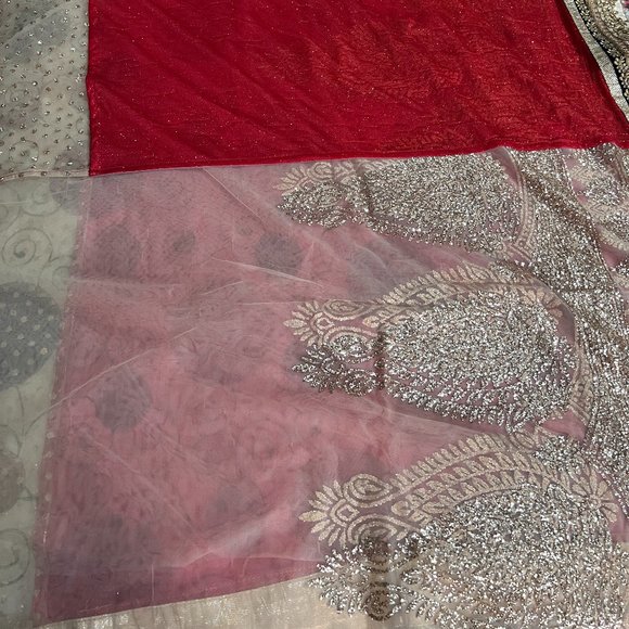 Shimmering Red and Cream Party Wear Half and Half Saree - Picture 5 of 11